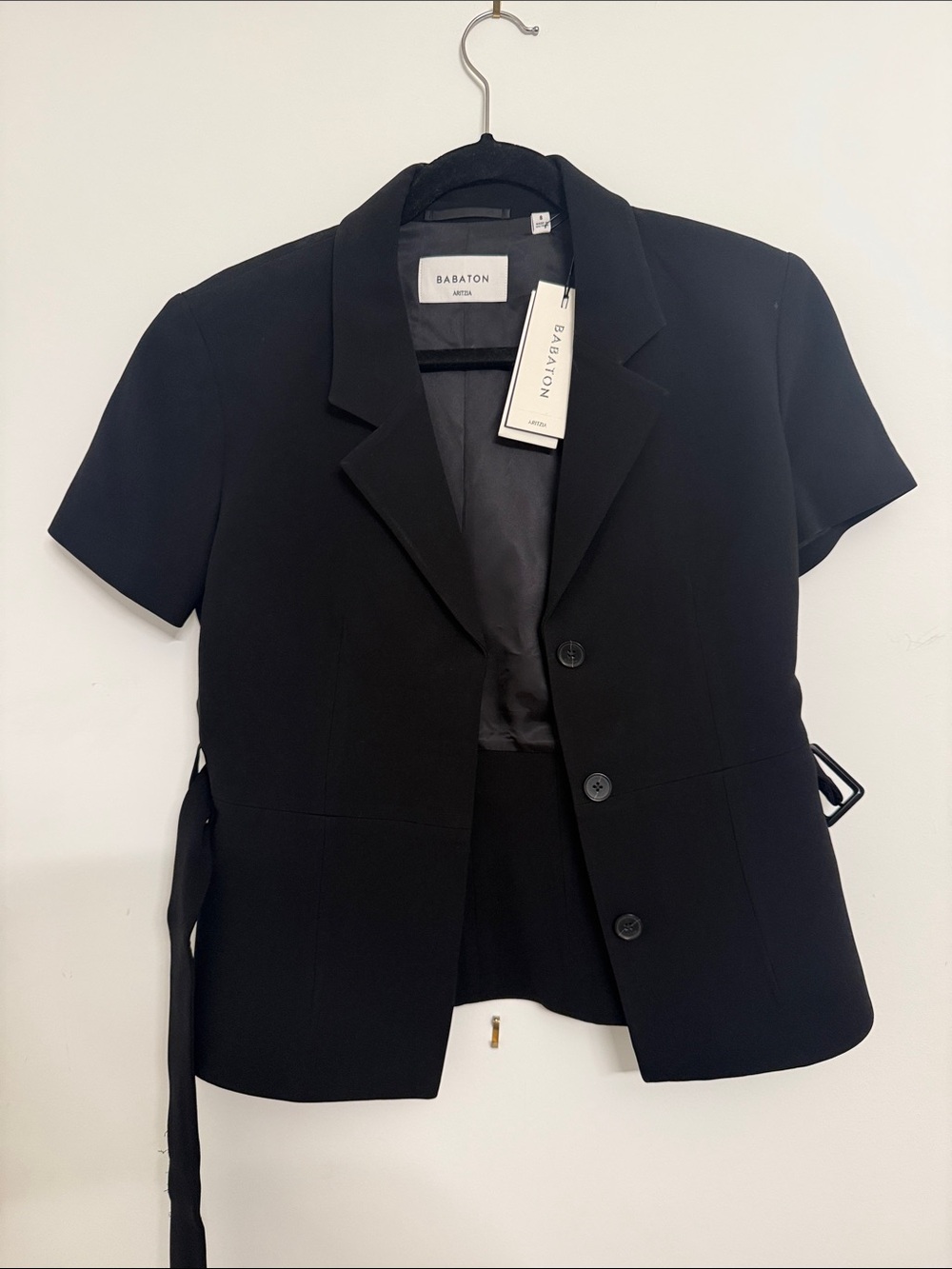 Babaton Black Short-Sleeve Tailored Blazer with Side Tie
